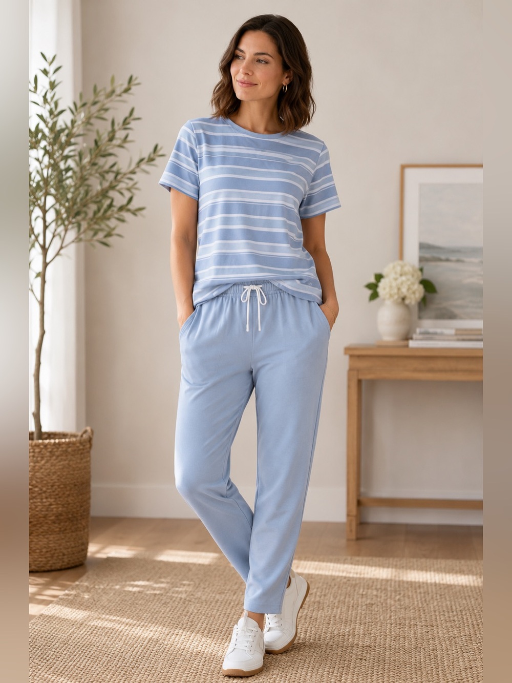 Vintage Y2K Jaclyn Smith Sport Blue Striped Pique Lounge Set - Sz S/M